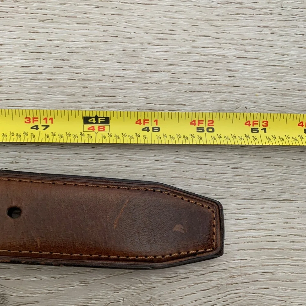 Mens Tan Brown Leather Stitched Belt Matte Black Buckle Size 44 6CTGDHAS70268